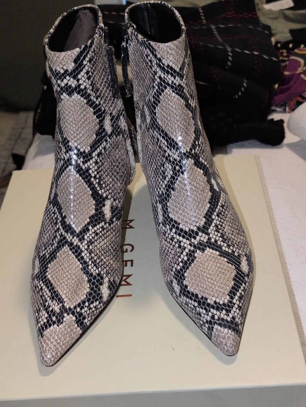 NWT M. gemi The Veronica Kitten Heel Multi Python Print Booties